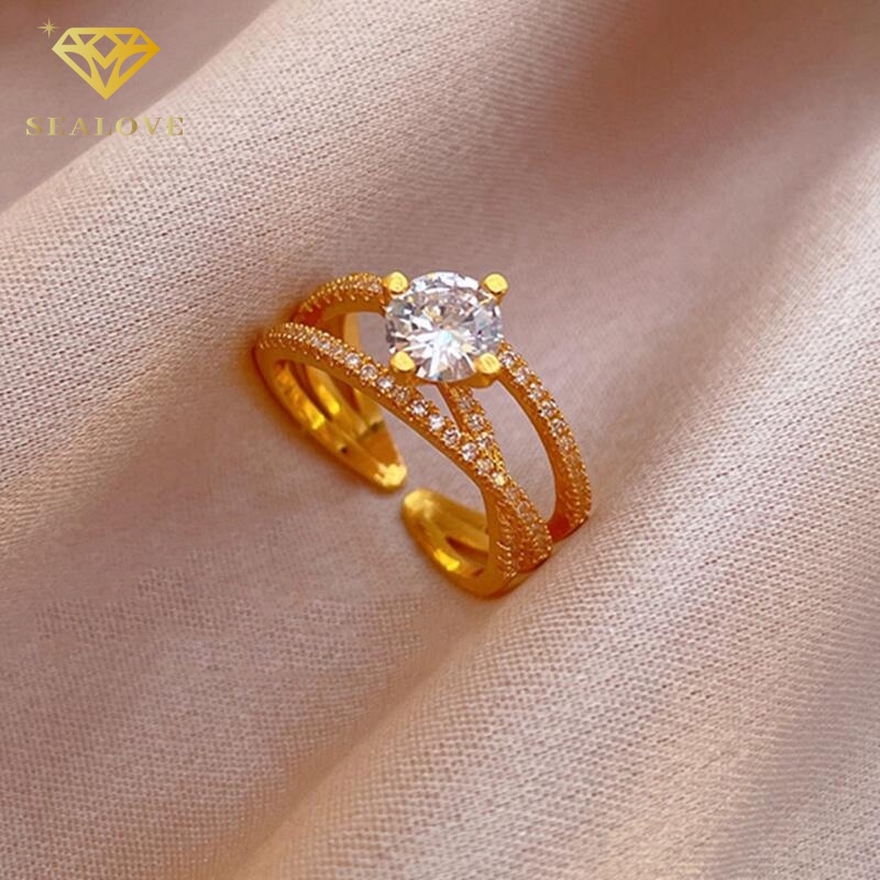 Cincin Titanium Wanita Adjustable Anti karat 18k Emas Cross Berlian aksesoris Korea