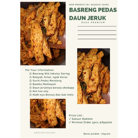 

Basreng Pedas Daun jeruk 70gr