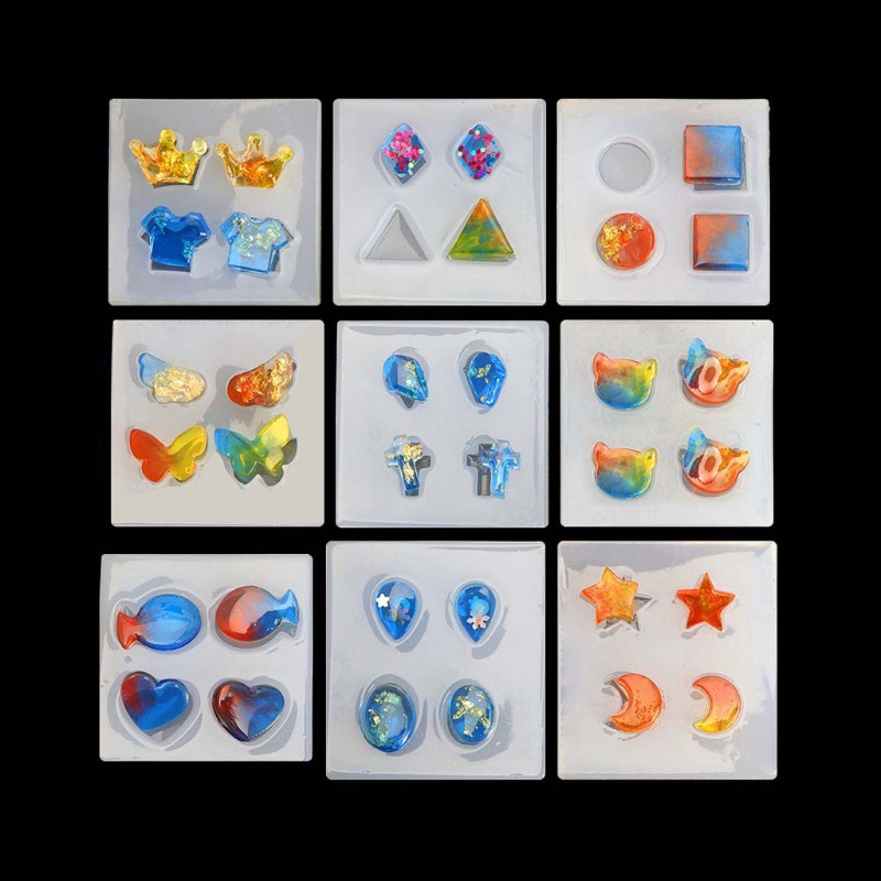 SIY  9Pcs Epoxy Resin Earrings Charms Casting Mould Jewels Shapes Ear Studs Silicone Resin Mold  Mini Earrings Molds Kit Tool