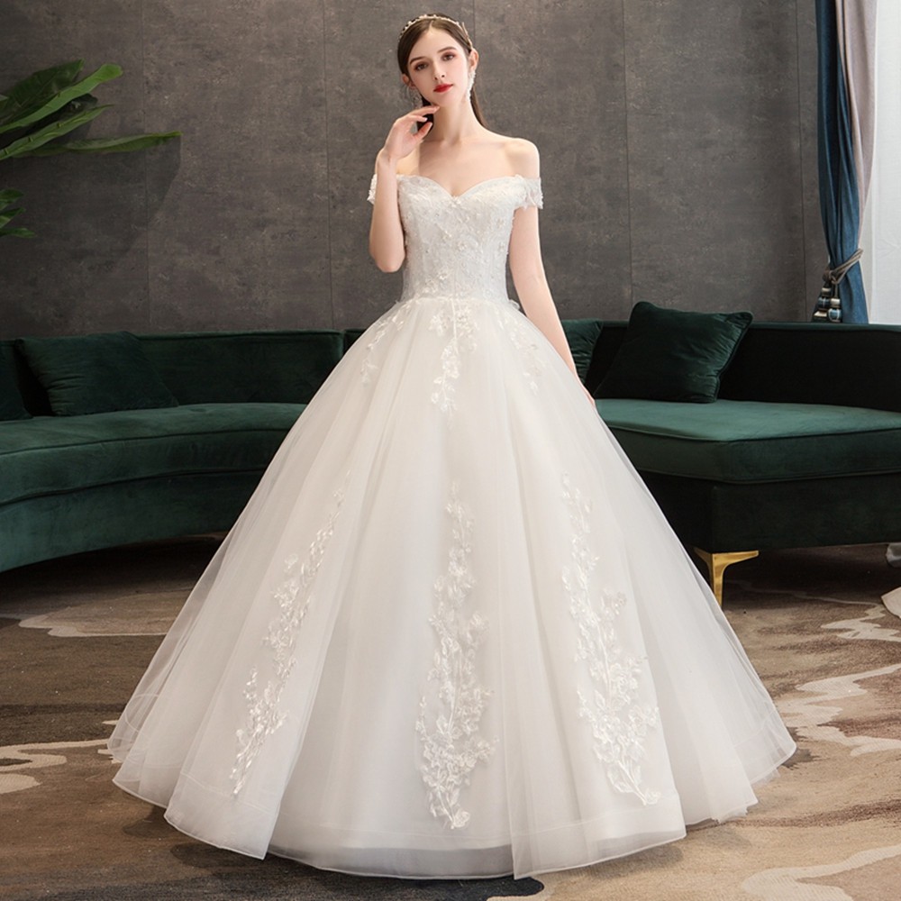 Fashion Wanita Bridal Putih Off Shoulder Renda Berlian Pernikahan Gaun Bridal Ball Gown