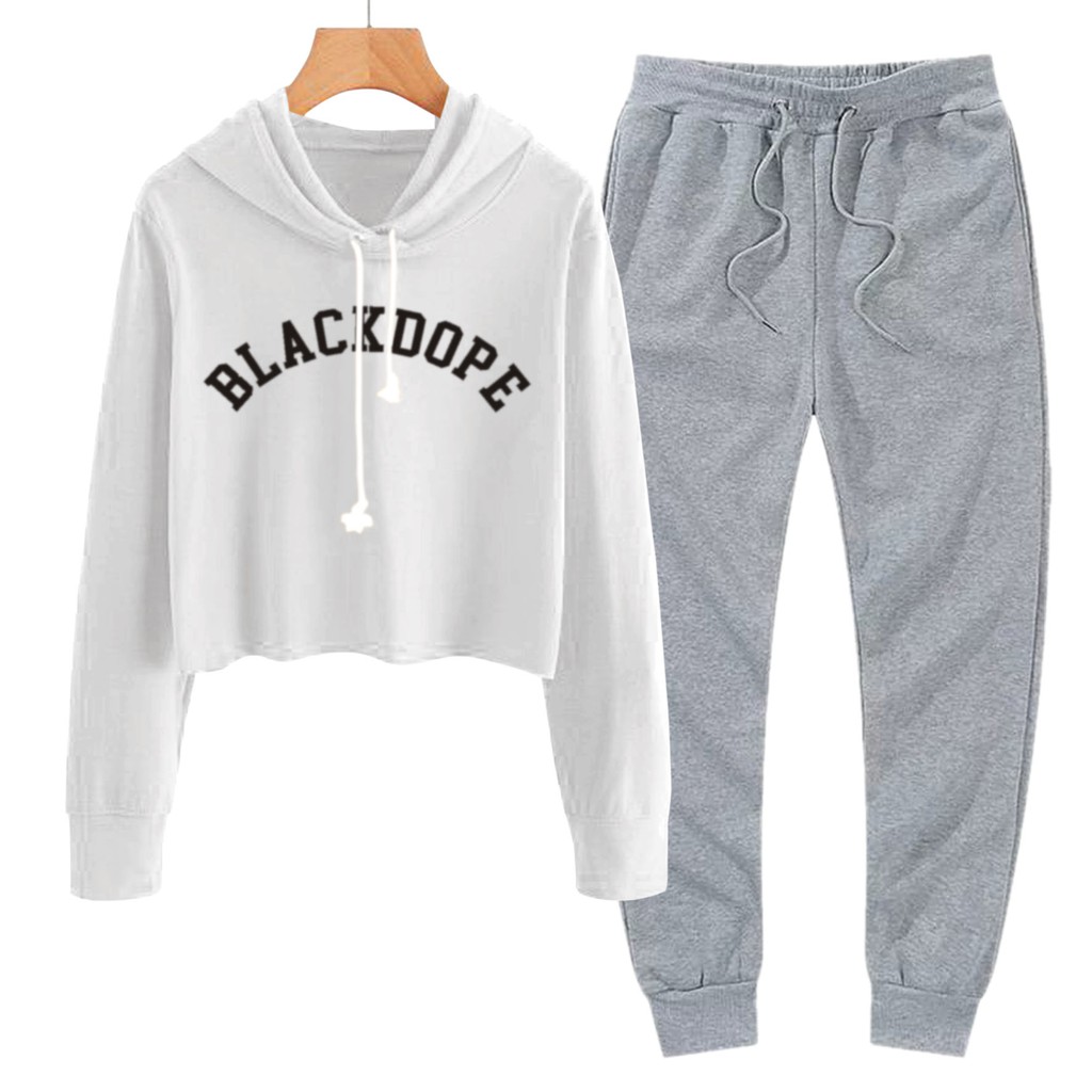 BESS - Baju Setelan Wanita Murah / Setelan Hoodie Crop + Jogger Abu - BLACKDOPE