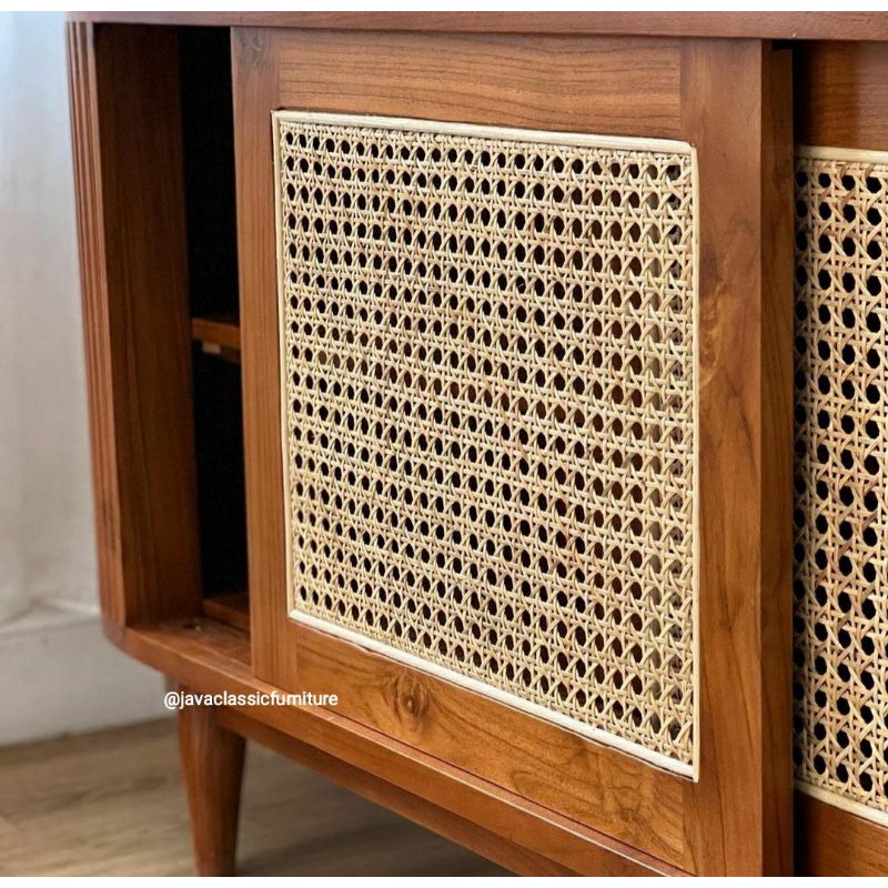BUFET TV ROTAN RETRO SCANDINAVIA MINIMALIS OVAL UKURAN 150CM PINTU 2 SLEDING KABINET DRAWER KAYU JATI GRADE A NATURAL MURAH DARI JEPARA-5