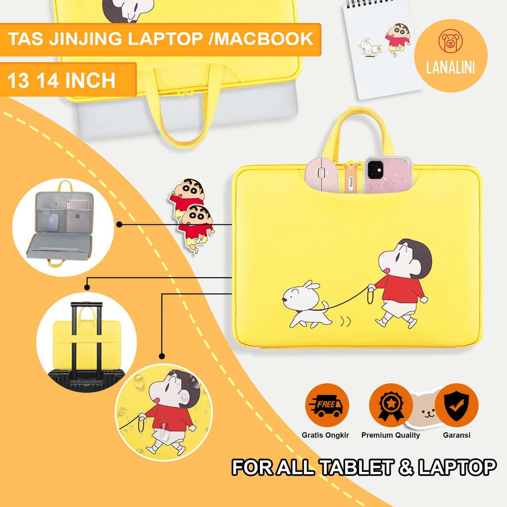 Sleeve Pouch Sarung Tas Bag Case Ipad Tab Tablet Macbook Air Pro Laptop Asus Acer Lenovo HP Huawei 11 12 13 14 15 inch Motif Gambar Kartun Cartoon Sinchan Warna Kuning Lucu Cute Murah Korean Model Jinjing Tali Strap