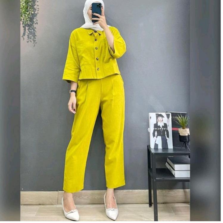 (Recomended) fazio set top+pants one set setelan wanita linen rami