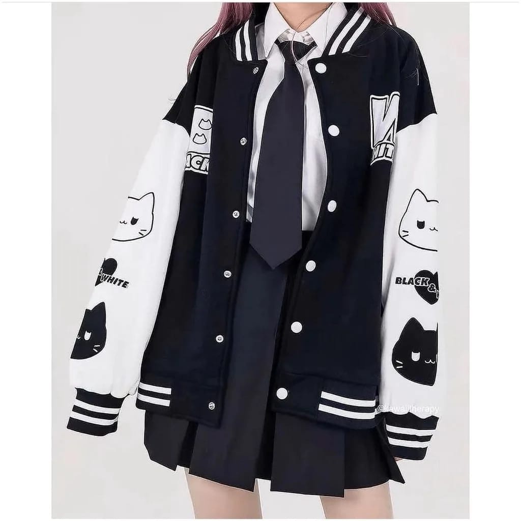 BLACK WHITE CUTE CAT JACKET BASEBALL (MRC)