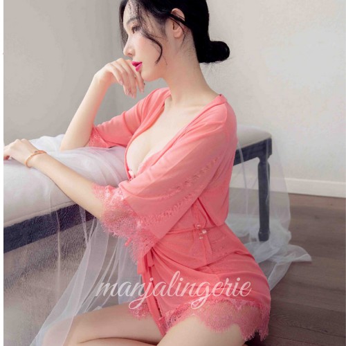 Manjalingerie - ONE SET (DRESS ,CD & KIMONO)LINGERIE / BAJU TIDUR SEXY / SEXY LINGERIE 1SET 1399-SALMON