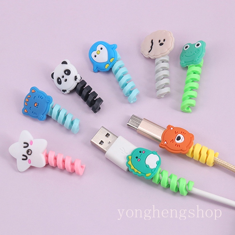 Pelindung Kabel Data / Charger USB Bentuk Spiral Bahan Silikon Motif Kartun Hewan