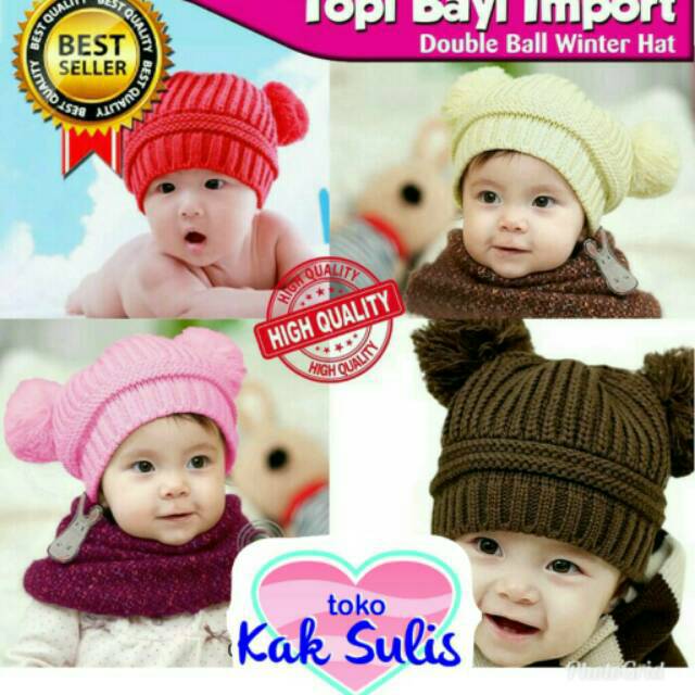 TOPI RAJUT BAYI IMPORT DOUBLE BALL KUPLUK BAYI