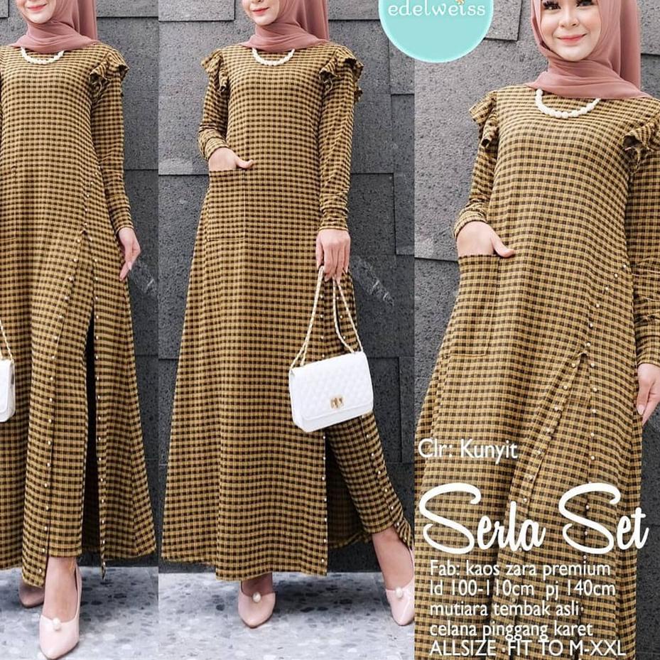 [PRODUK LEKI8] Serla Setelan by Edelweiss Hijab Solo Set Gamis Celana Kotak-Kotak BISA COD R8W