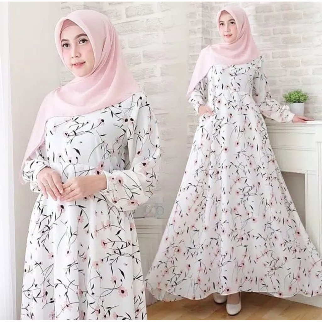 GAMIS WANITA PUTIH BUNGA-BUNGA MONIS GAMIS WHITE Gamis Maxi Dress A45