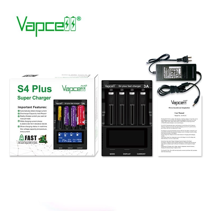 Original VAPCELL S4 PLUS Fast Charger Battery |18650 21700 AAA AA D baterai batre li-ion A2 A3 4slot