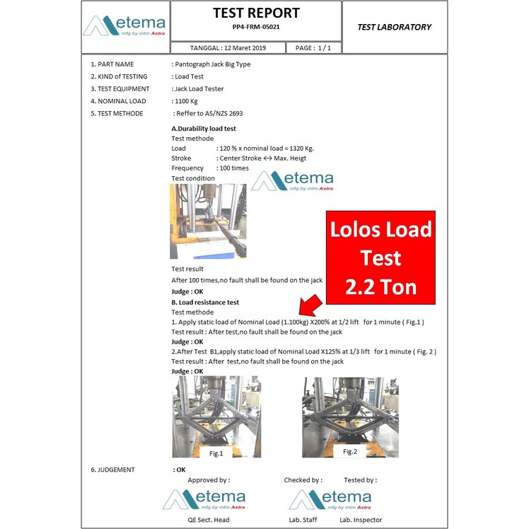 Dongkrak Sienta Capacity 2.2 Ton (Test Load by Lab) - Metema Original