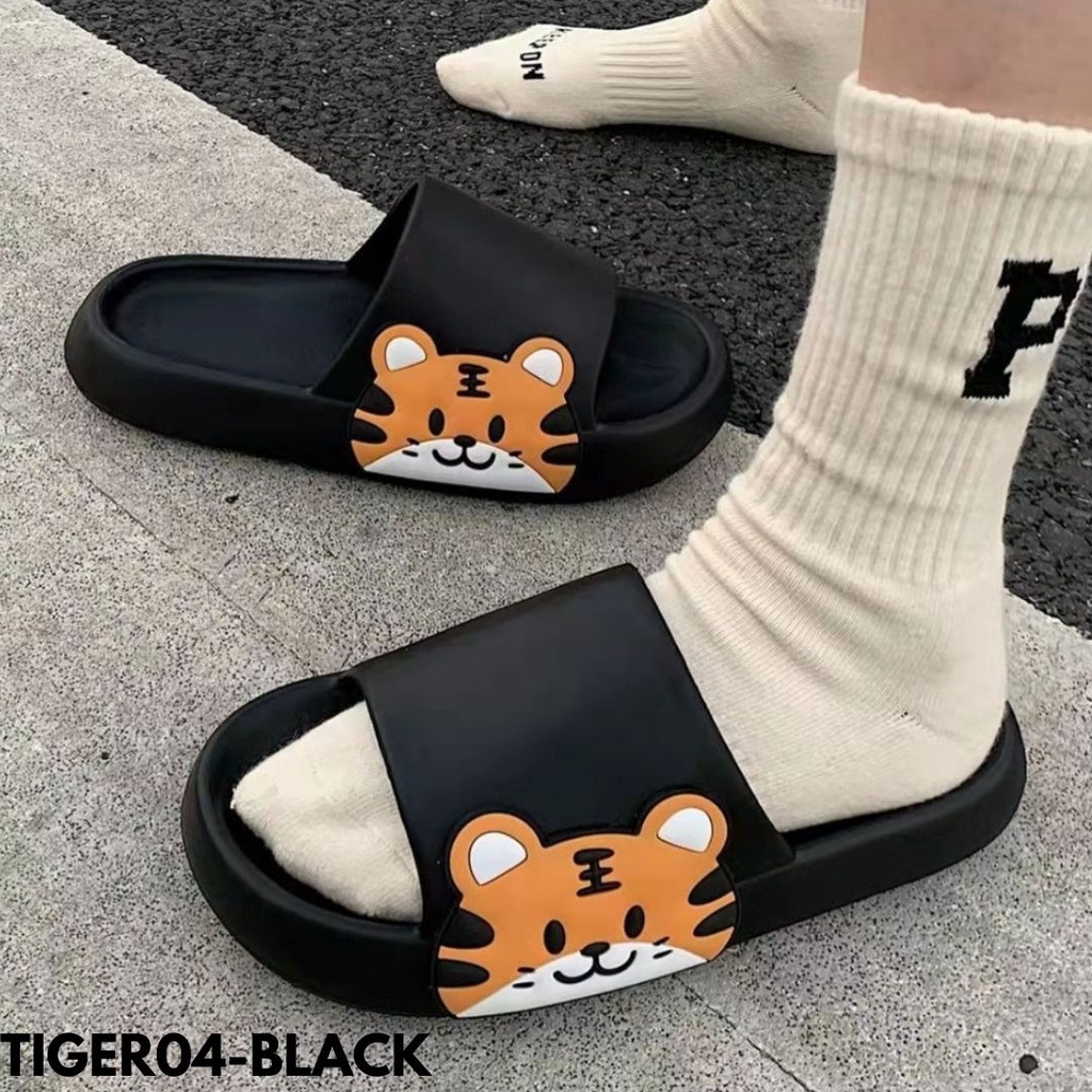 SLIDES SANDAL RUMAHAN UNISEX GROSIR KARTUN HARIMAU UNIK LUCU HITAM PUTIH EMPUK NYAMAN RUBBER KARET ELASTIS SUPER COMFY TIGER04