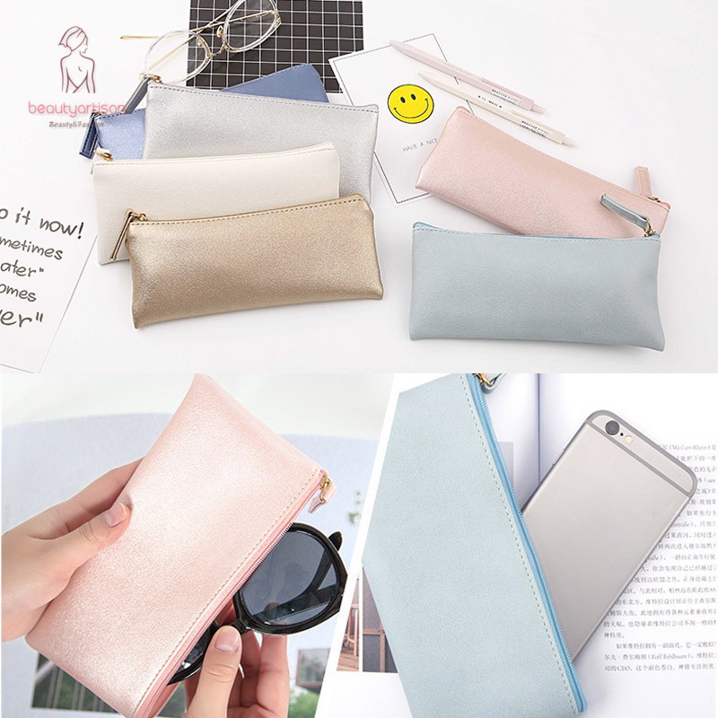 

Murah Tempat Pensil / Kosmetik / Makeup Bahan Kulit PU dengan Resleting untuk Pelajar