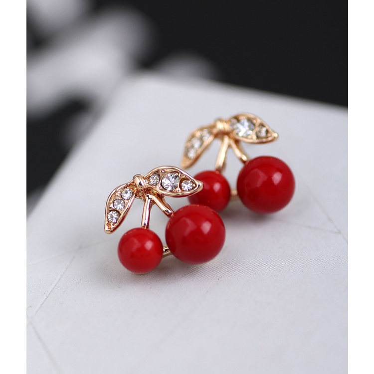 Japanese style cute red cherry stud anting-anting berlian imitasi anting-anting Dongdaemun ornamen a