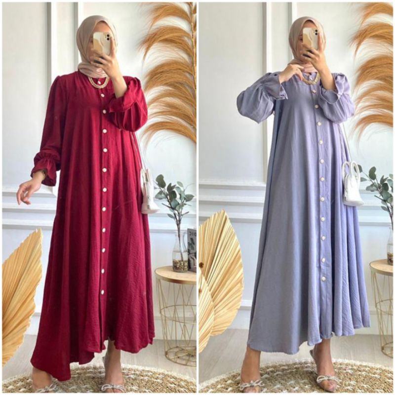 BISA COD AZKIYAHIJAB29 MAURA DRESS GAMIS CRINCKLE AIRFLOW LONG DRESS POLOS BUSUI FULL KANCING AKTIF 