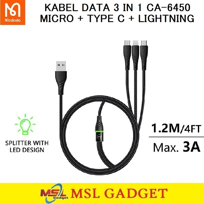 mcdodo kabel data micro usb   iphone lightning   type c  3a 1 2m 3 in 1 fast charging ca 6450