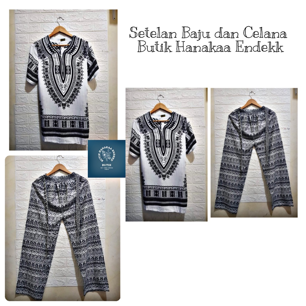 Set/Setelan Baju dan Celana Etnik Dashiki Putih Polos Pria/Wanita (Unisex)