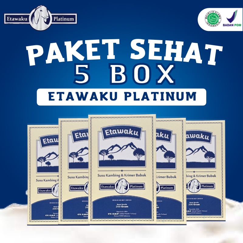 

Etawaku Platinum Paket 5 Box - Susu Kambing Etawa Bubuk Murni Rendah Gula Tinggi Kalsium Atasi Nyeri Sendi Menjaga Kesehatan & Kepadatan Tulang Cegah Osteoporosis Gangguan Pernafasan Asma Batuk Isi 200gr