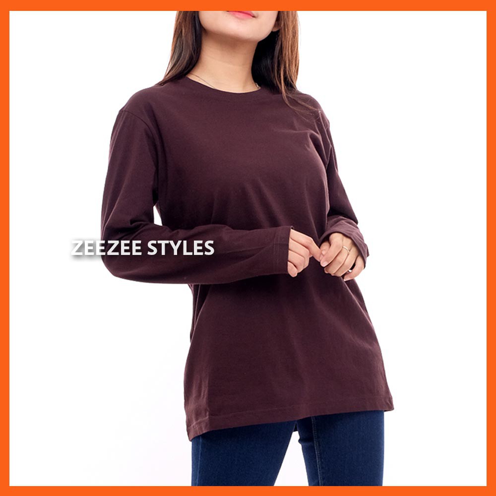 Kaos Polos Distro Pria Wanita Cotton Combed 30s Lengan Panjang Coklat Kopi / Baju Polos Cowok Cewek