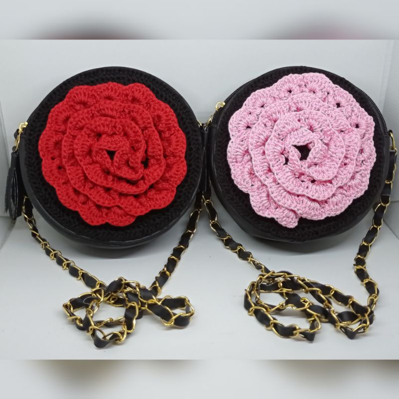 KRY.Q - Tas Rajut Selempang Wanita Bunga Mawar, Cover Tas Pesta Bulat Handle Rantai
