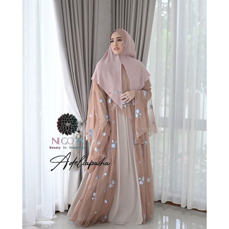 Gamis Tulle Embroidery Nigoya Syar'i - Set Syar'i Ceruty Jersey untuk Haji Umroh & Acara Formal