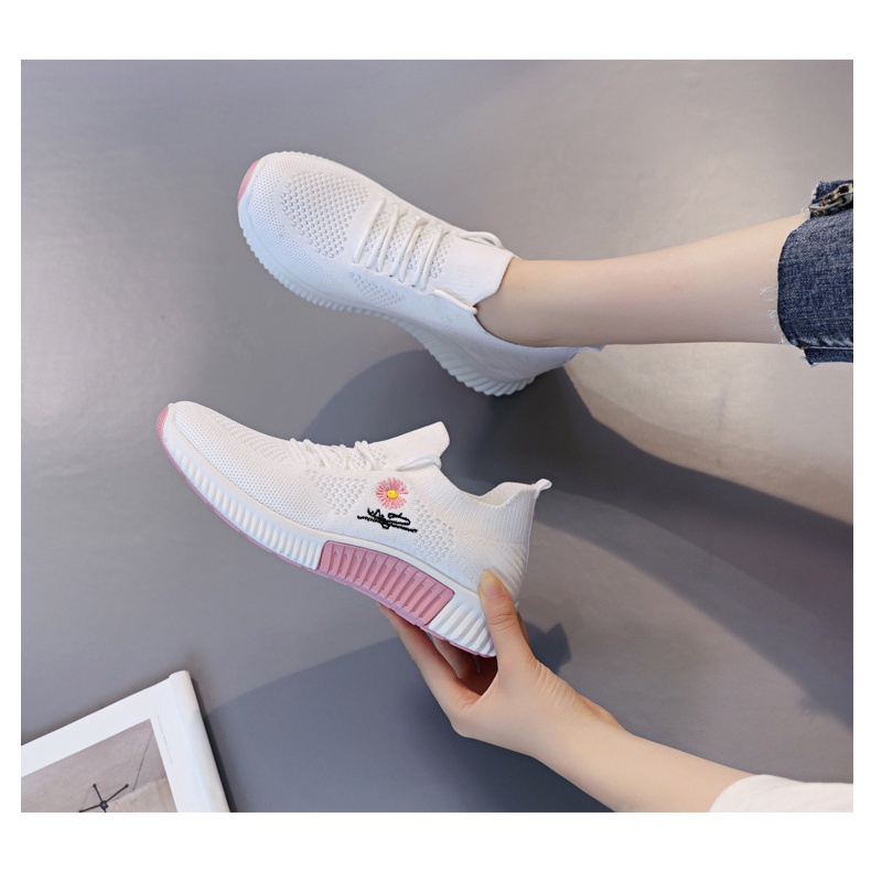 𝐄𝐁𝐒 ✅ SEP008 (Tanpa Kotak) COD Sepatu Sneakers Wanita Putih Hitam Motif Bunga Sporty Model Korea Fashion Casual Sport Olahraga Import SEP008