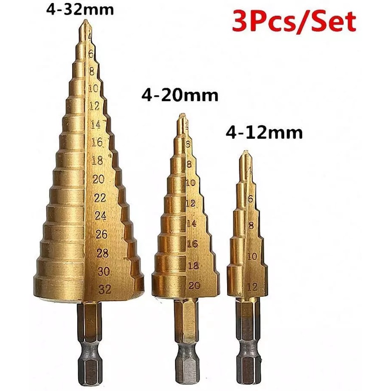 Mata Bor Pagoda Spiral Besi Kuningan Kayu Plastik Step Drill Tingkat Payung Cone HSS 3PCS