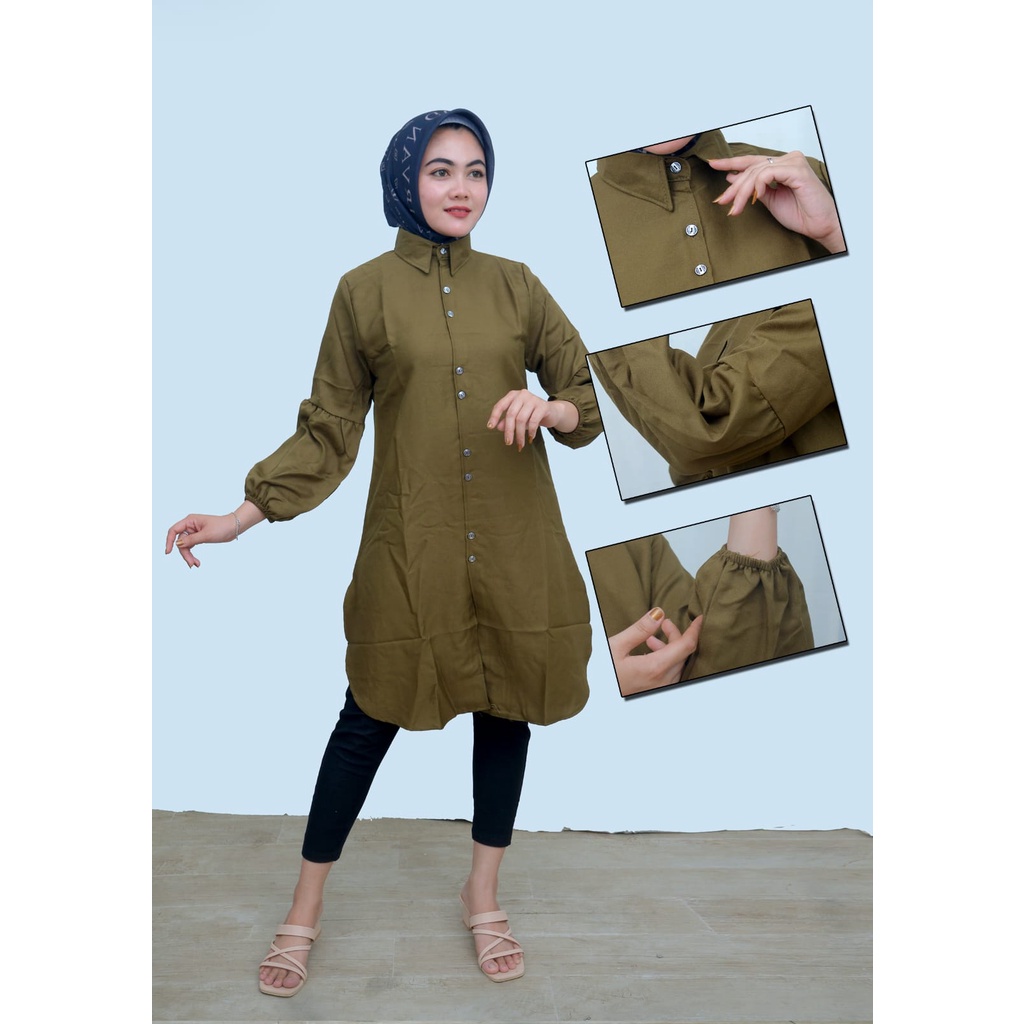 Baju Long Dress Kemeja Tunik Wanita Muslim Jumbo Polos tangan Balon Terbaru 2021 Kekinian Polos