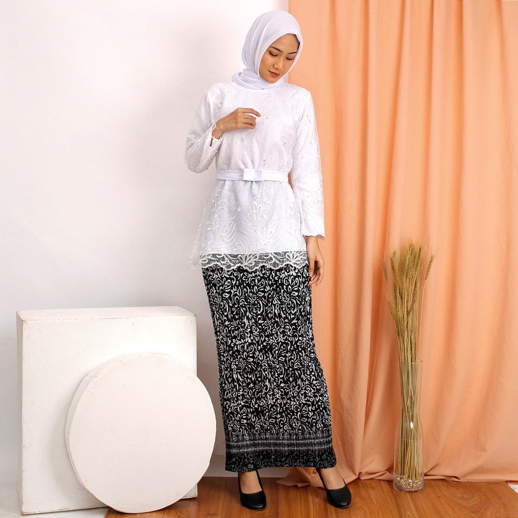 Kebaya Manohara Tulle Tille Bordir Brukat Mewah Brokat Muslim Wisuda Tunik Kondangan Nikahan !!-PUTIH + ROK PLISKET
