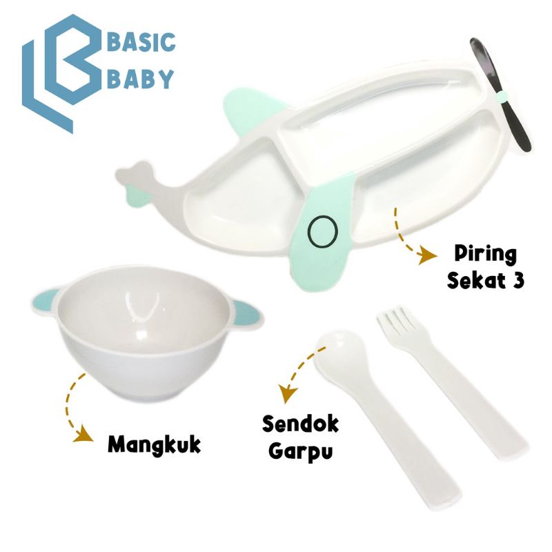 Basic Baby Complete Food Feeding Set Horse &amp; Airplane - Peralatan Makan Bayi