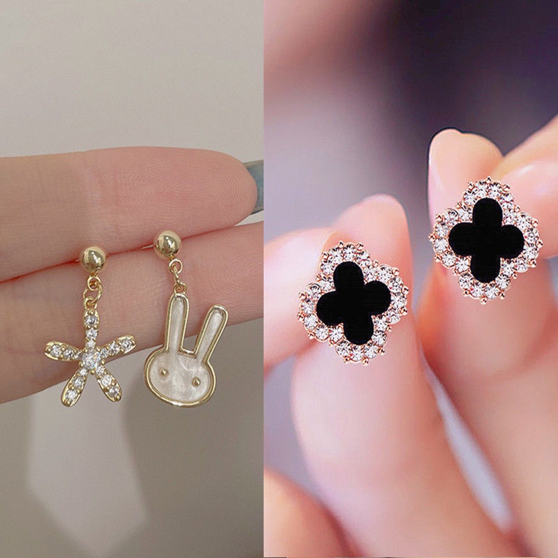 Lucu asimetris kelinci anting-anting niche desain sterling silver anting-anting anting-anting kecil