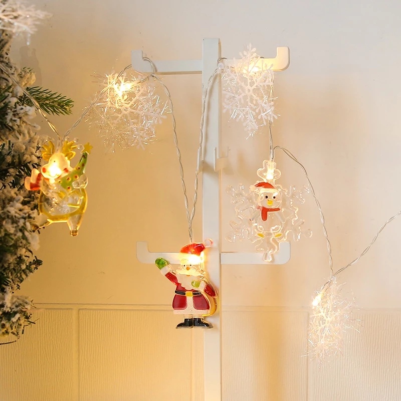 Lampu String Tenaga Baterai Bentuk Kartun Santa Claus Snowflake Untuk Dekorasi Natal