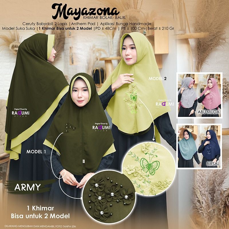 MAYAZONA ORIGINAL RAQUMI HIJAB | KHIMAR BOLAK BALIK RAQUMI | KHIMAR 2 WARNA | KHIMAR ARMY