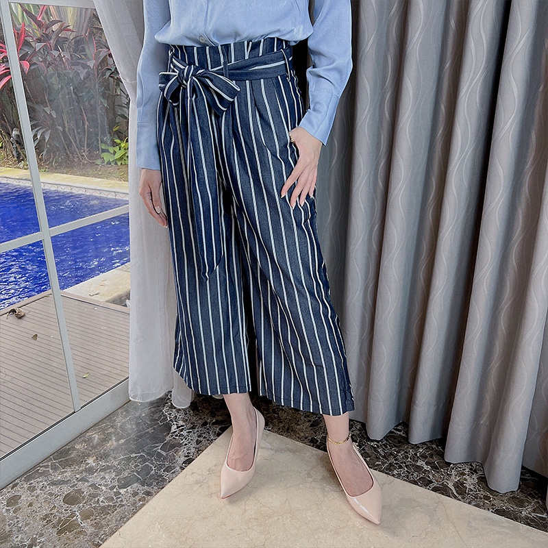 【SALE】Women High Waist Belted Stripe Culottes Celana Kulot Wanita 2725 (S-XL)