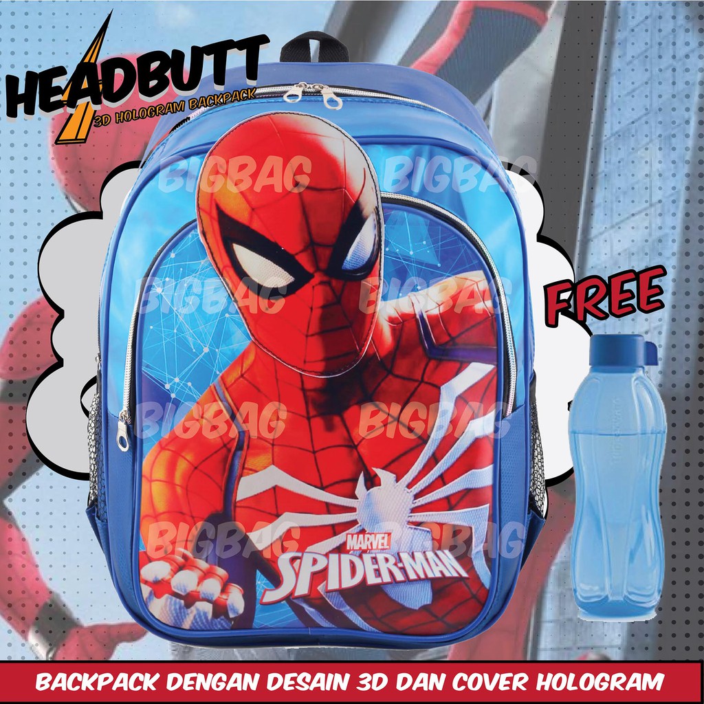 Tas Ransel Karakter - BATMAN - SPIDERMAN - IRON MAN - CAPTAIN AMERICA - HEADBUTT HOLOGRAM + BOTOL