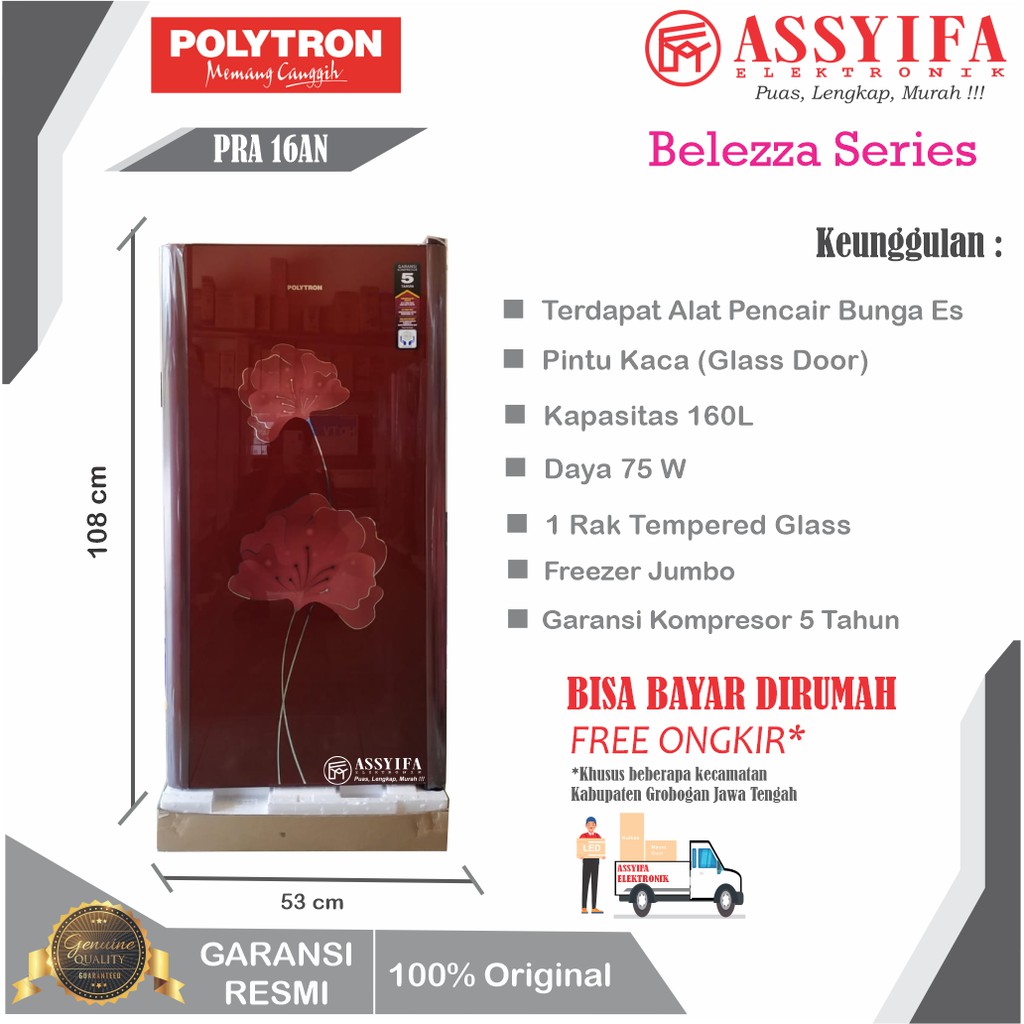 KULKAS POLYTRON 1 PINTU BELEZZA GLASS DOOR PRA 16AN NEW GARANSI RESMI 100% ORI
