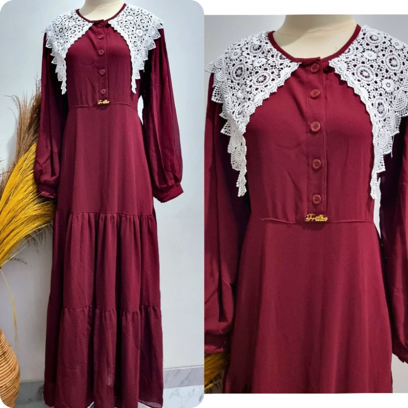 Dress Gamis Ceruty Full Furing Maroon by Frilla uptofemale
