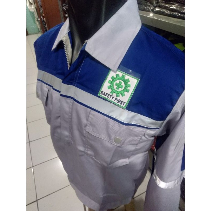 SERAGAM SAFETY RESLETING PUTIH TULANG KOMBINASI BIRU FREE LOGO KAIN DRILL TEBAL ADEM BAJU PROYEK