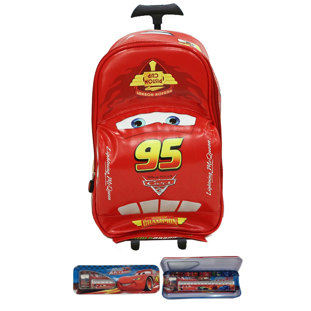 Tas Troley Sekolah Anak TK Cars Lightning McQueen On The Road 3D + Kotak Pensil Alat Tulis