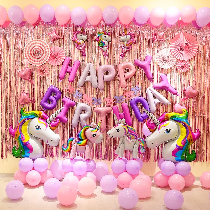 dekorasi ulang tahun tirai pink unicorn anak