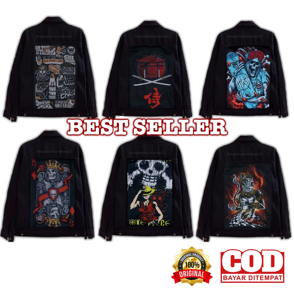 BAYAR DI TEMPAT !! JAKET JEANS SANDWASH PRINTING PRIA // JAKET JEANS HITAM GAMBAR BELAKANG