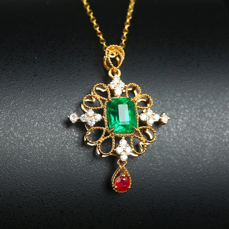 Goldkingdom Perhiasan Fashion 24K Bangkok Aksesoris Ready Stock Natural Emerald Pendant Ruby Vintage Lapis K Emas Asli Kadar 375 Manik Kalung