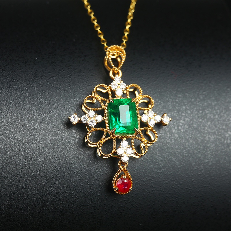 Goldkingdom Perhiasan Fashion 24K Bangkok Aksesoris Ready Stock Natural Emerald Pendant Ruby Vintage Lapis K Emas Asli Kadar 375 Manik Kalung