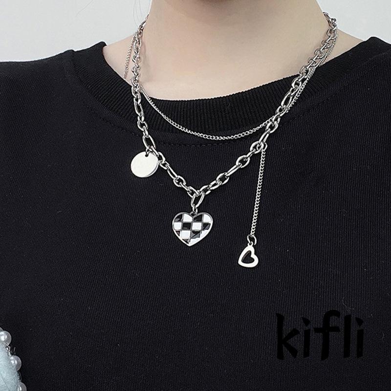 Kalung Rantai,Panjang Wanita,Liontin,Papan Catur Lapis Ganda