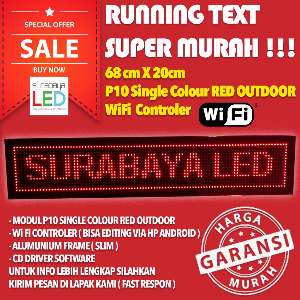 running text led merah ukuran 68x20cm outdoor wifi