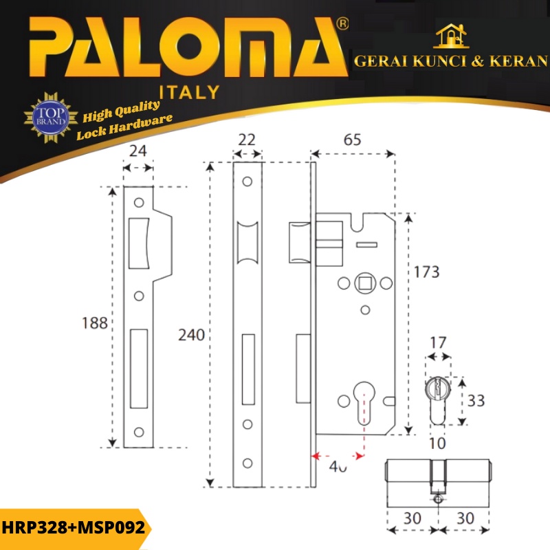 PALOMA HRP 328 MSP 092 HANDLE HITAM SET KUNCI PINTU DAN CYLINDER
