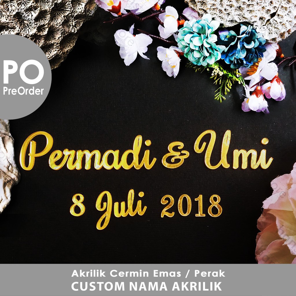 PO Nama CUSTOM Akrilik Cermin Emas / Perak dekorasi mahar Laser Cutting