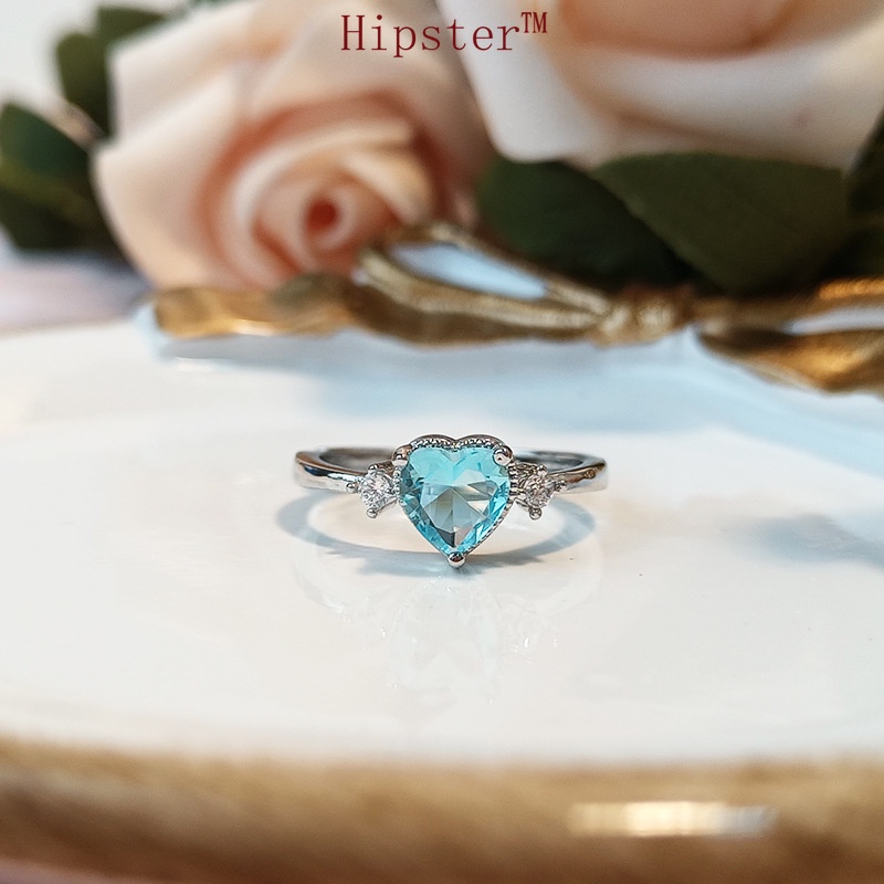 Best-Selling Classic Light Luxury Inlaid Heart-Shaped Aquamarine Couple Romantic Adjustable Ring