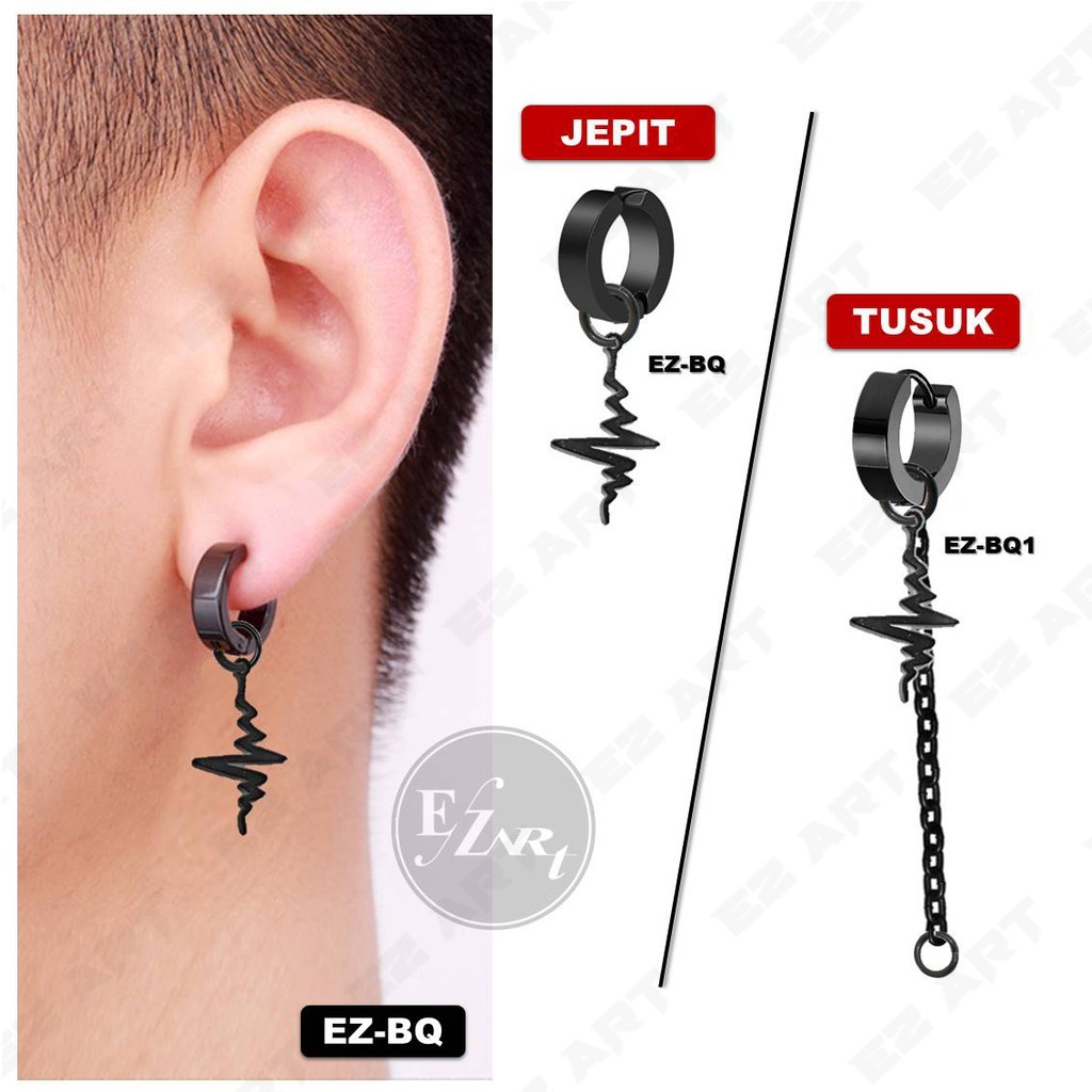 1Pc EZ-BQ ANTING HITAM DENYUT ECG BLACK FISH BONE STAINLESS STEEL JEPIT TUSUK PRIA WANITA KPOP PUNK